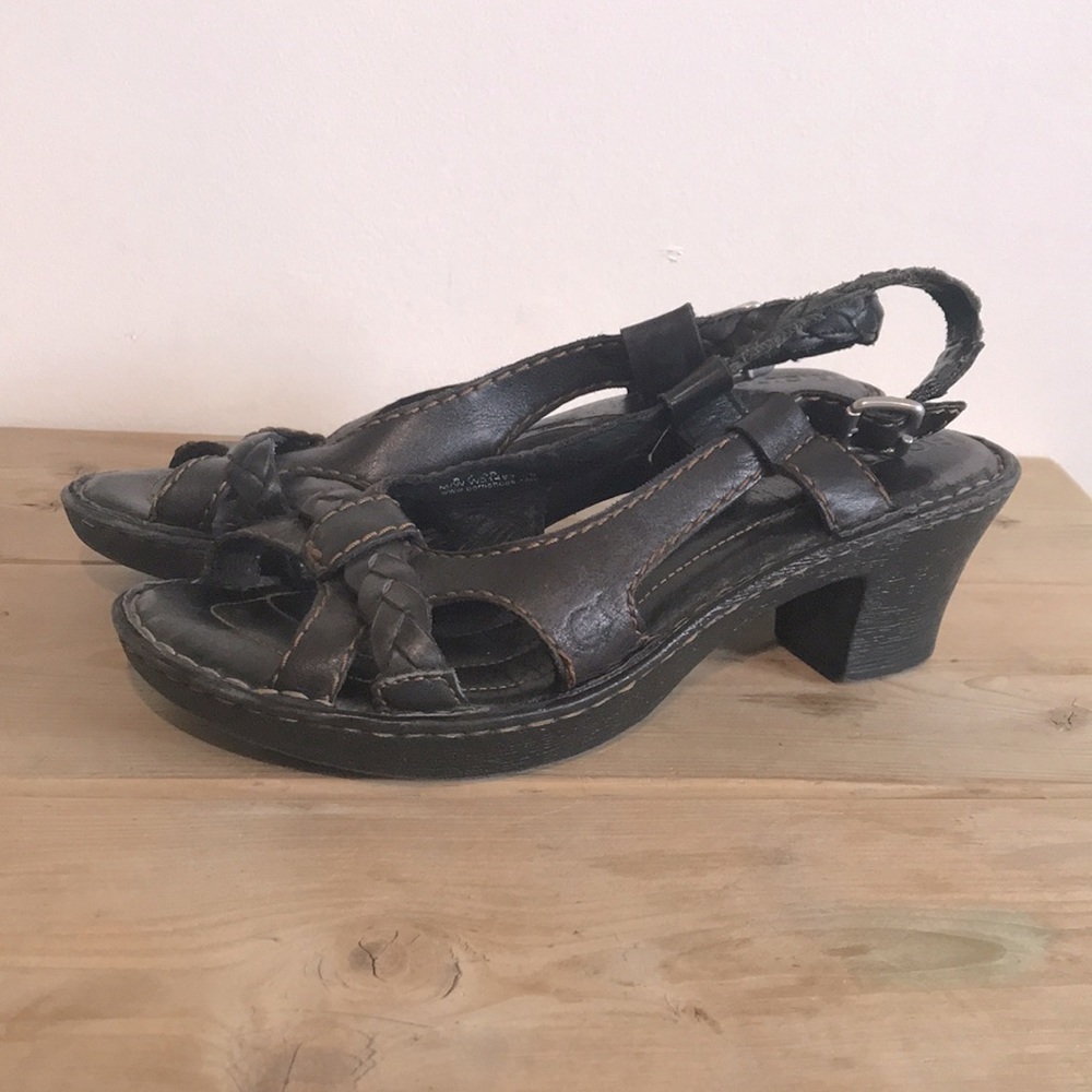 BORN Enga dark brown front woven block heel sling back sandals size 8